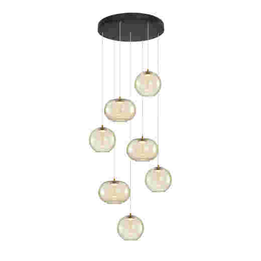 MONTREAL 24W 3000K MATT BLACK/BRASS/COGNAC GLASS 7 LIGHT LED PENDANT