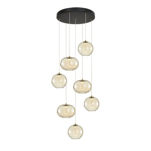 MONTREAL 24W 3000K MATT BLACK/BRASS/COGNAC GLASS 7 LIGHT LED PENDANT