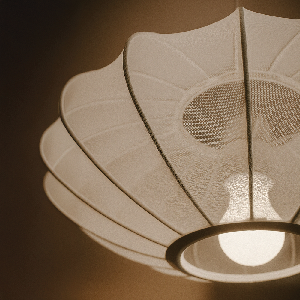 Image showcasing ZENITH.60 WHITE GAUZE FABRIC 1LT PENDANT - Lightingplus